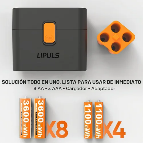 Vista 3 de 8 pilas AA y 4 AAA recargables de litio con cargador, paquete de 12 baterías de 1.5 V Triple A doble A, recargable, batería de litio de larga