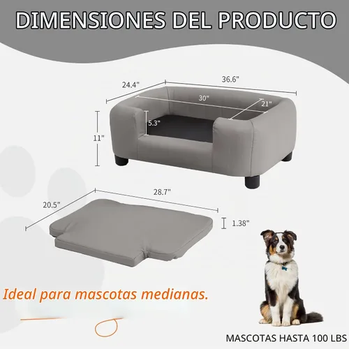 Vista 3 de Sofá moderno para mascotas de 37 pulgadas con tela sintética resistente a los arañazos y patas ajustables, sofá elevado para perros pequeños