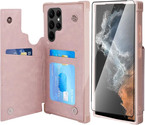 Vista 27 de VANAVAGY Funda tipo cartera compatible con Galaxy S22 con soporte para tarjetas de bloqueo RFID, piel sintética, cierre magnético, función atril