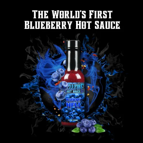 Vista 5 de Salsa picante Hellfire Blueberry Hell con pimientos Carolina Reaper, Gourmet, galardonada salsa picante a base de frutas, 5 onzas