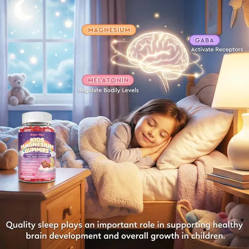 Vista 7 de Gomitas calmantes de magnesio para niños y adultos, complejo de magnesio con L-teanina, vitamina C, K2, D3, Omega-3, GABA, manzanilla, apoya