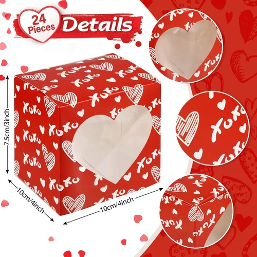 Vista 2 de Outus 24 cajas de postre, 4 x 4 x 3 pulgadas en forma de corazón con ventana de PVC, cajas para el día de San Valentín