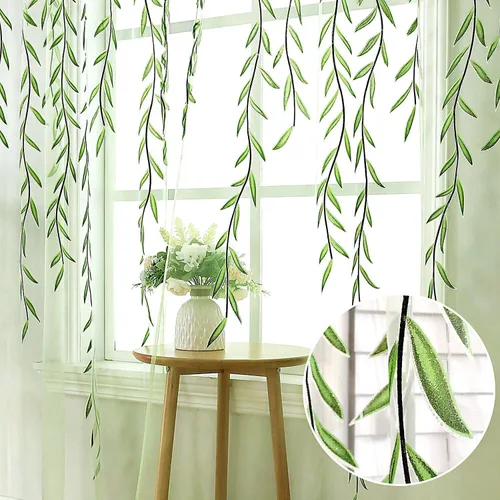 Vista 3 de BROSHAN Cortinas transparentes con diseño de bolsillo para ventana, bonito panel de cortina de vid con estampado de hojas, paneles de cortina