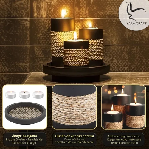 Vista 6 de IYARA CRAFT Portavelas Tealight con bandeja, juego de 3 portavelas de madera rústica negra con acento de cuerda natural, acogedor centro de mesa