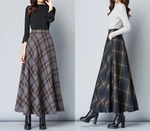 Vista 2 de Falda larga de lana de invierno para mujer, elegante, de cintura alta, cálida, cintura elástica, falda plisada