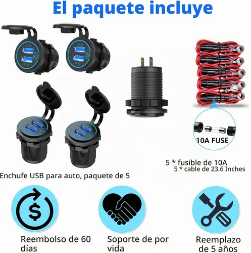 Vista 7 de Qidoe - Paquete de 5 salidas USB de carga rápida 3.0 de 12 V, impermeable, QC3.0, doble toma de corriente USB con interruptor táctil, enchufe