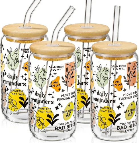 Vista 6 de DWTS DANWEITESI Vasos de vidrio con tapas y pajitas, 4 piezas, juego de vasos de 16 onzas para accesorios de barra de café, tazas de café helado