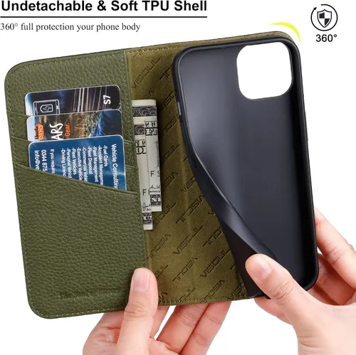 Vista 2 de VISOUL Funda tipo cartera de piel auténtica para iPhone 14, con tapa magnética, con tarjetero y función atril, compatible con iPhone 14