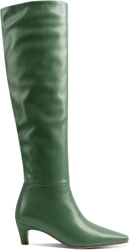 Vista 4 de MOOMMO Botas altas de tacón de gatito sobre la rodilla para mujer, punta cuadrada, de cuero mate, de meter de pantorrilla ancha, plisadas, tacón