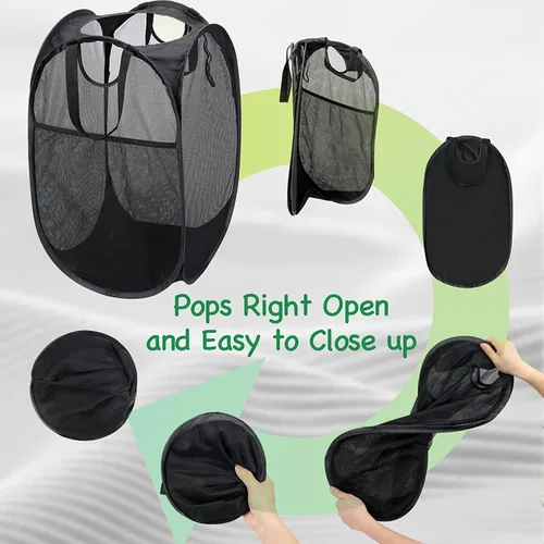 Vista 3 de AQQA Juego de 9 cestas de malla para la ropa sucia, negro/blanco/azul, asas duraderas, plegable, construcción de malla resistente, ideal para niños