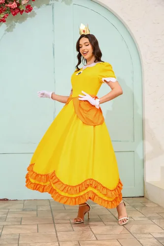 Vista 3 de PAINEOMN Vestido de princesa para mujer, disfraz de princesa de Halloween, cosplay, corona, aretes, guantes, traje de disfraz para adultos
