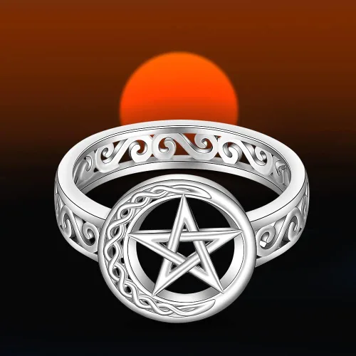 Vista 8 de Talonior Anillo de pentagrama con pentáculo para mujer, nudo celta, luna creciente, bruja, wicca, anillos paganos, plata de ley, amuleto, estrella