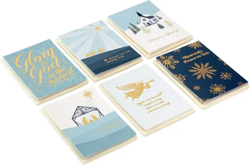 Vista 3 de Hallmark Surtido de tarjetas religiosas de Navidad, paz celestial (36 tarjetas y sobres) Azul polvoriento y lámina dorada