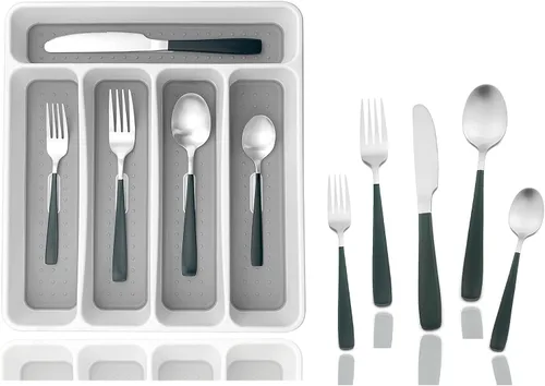 Vista 12 de JASHII - Juego de cubiertos con bandeja, 20 piezas de acero inoxidable cuadrado cubiertos servicio para 4, acabado mate, utensilios de alimentación