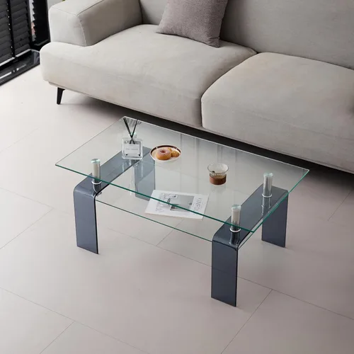 Vista 3 de Mesa de centro de vidrio templado con patas de cristal, moderna mesa de centro pequeña para sala de estar (gris, 39.4 x 21.7 x 17.7 pulgadas)