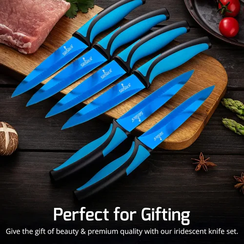 Vista 7 de SiliSlick Juego de cuchillos para carne de acero inoxidable, cuchillos de cocina coloridos con revestimiento de titanio con borde recto, suave