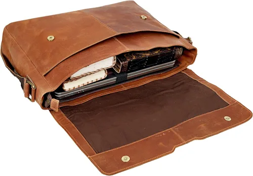 Vista 4 de 18 pulgadas Vintage Cuero Full Flap Messenger Bolso hecho a mano Bolsa para portátil Bolsa de mensajero acolchada Marrón (Mensajero marrón)