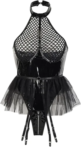 Vista 4 de Women Sexy Lingerie for Sex Naughty One Piece Fishnet Sheer Teddy Dress Mini Babydoll Bodysuit Chemise with Mesh Skirt