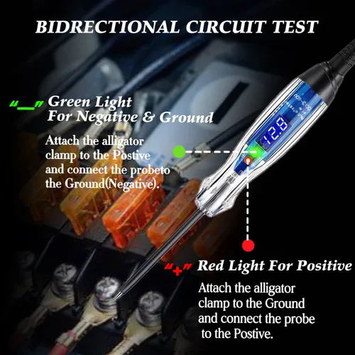 Vista 3 de Luz de prueba automotora, probador de circuito digital LED de 3-60 V CC, probador de luz resistente con voltímetro, probador de voltaje automático