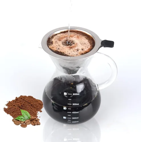 Vista 10 de T-mark Cafetera vertida con filtro reutilizable de acero inoxidable de doble capa, jarra de café de vidrio sin BPA de 13.5 fl oz/14oz, cafetera