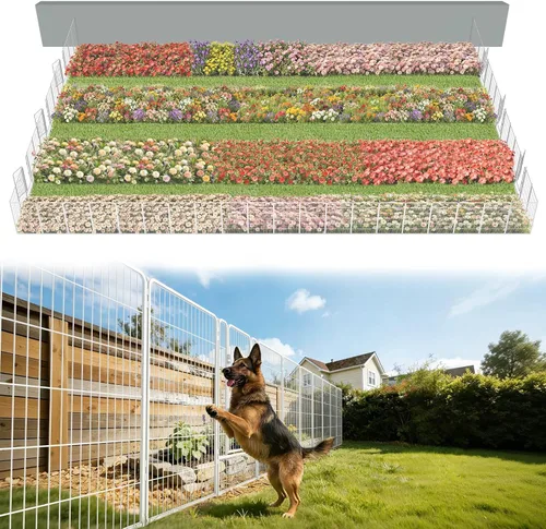 Vista 74 de FXW Valla de jardín al aire libre para el patio, 17 pulgadas de alto x 29.3 pies de largo, barrera de metal resistente para animales, para perros