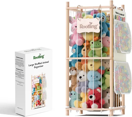 Vista 11 de Almacenamiento y organizador de animales de peluche, soporte de madera de 54 pulgadas de alto para juguetes de zoológico con bolsa de almacenamiento