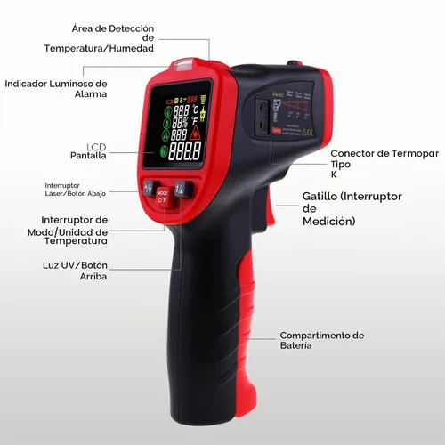 Vista 9 de Termómetro infrarrojo IR láser pistola de temperatura 58 ° ~ 1562 °F con termopar tipo K y abrazadera de plomo, termómetro digital con abrazadera