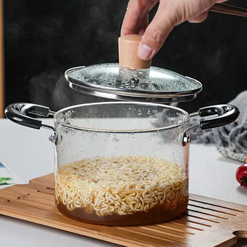 Vista 3 de Cacerola de vidrio con tapa, resistente al calor, olla de cocina de vidrio de borosilicato de madera con doble asa, cristalería transparente
