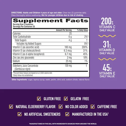 Vista 4 de Airborne - Gomitas de saúco + zinc y vitamina C para adultos, suplemento para fortalecer el sistema inmunológico con vitaminas D y zinc