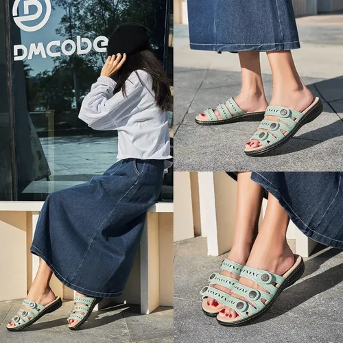 Vista 6 de Sandalias de cuero cómodas para mujer, ligeras, planas, bonitas, sin cordones, informales, para caminar