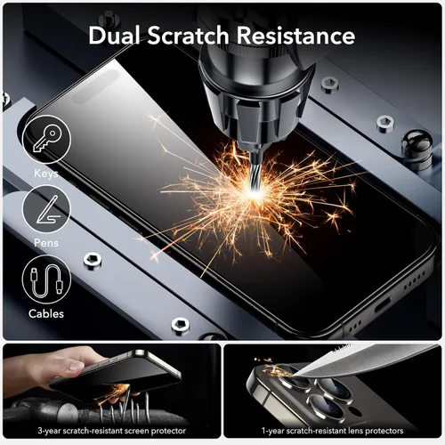 Vista 5 de ESR Paquete de 3+1 para iPhone 15 Pro Max Protector de Pantalla, [Dureza 9H] [Grado Militar Resistente a Roturas] Cobertura Completa Película