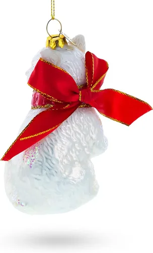 Vista 3 de Gato blanco con bufanda roja adorno navideño de cristal Hand Painted, Ready to Hang, Gift Tagged