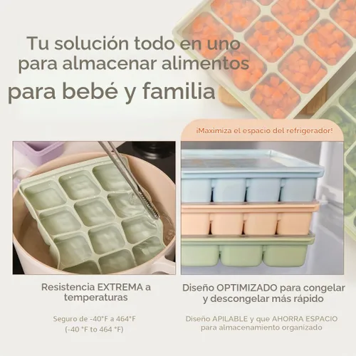 Vista 7 de Bandeja de silicona para congelador, cubos de almacenamiento de comida para bebé con tapa a clip, congelar comida para bebé, sopas, purés, hielo