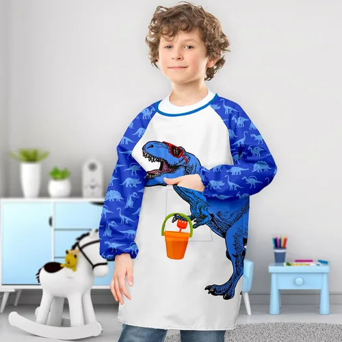 Vista 7 de PASHOP Bata de arte para niños, de unicornio, impermeable, para niñas, niños, manga larga, hasta la rodilla, con bolsillo (dinosaurio azul, 3-7 años)