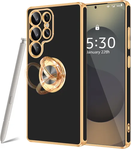 Vista 42 de Fingic Compatible con Samsung Galaxy S22 Funda con Soporte de Anillo, [Soporte de Anillo Giratorio 360° Magnético con Kickstand][Borde Dorado