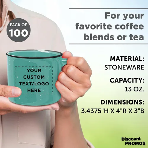 Vista 4 de DISCOUNT PROMOS Juego de 100 tazas de café personalizadas de cerámica para fogata, 13 onzas, paquete personalizado a granel, perfecto para té