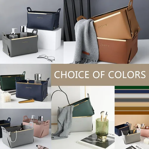 Vista 6 de Cesta Decorativa de Cuero Sintético, Cesta Pequeña Multiusos para Entrada, Mesita de Noche, Cómoda, Mesa Auxiliar, Bandeja Organizadora Rectangular