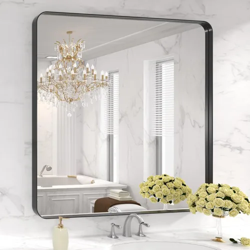 Vista 21 de LOAAO 20x16 Pulgadas Espejo de Baño con Marco de Metal Negro para Pared, Espejo de Tocador de Baño de Estilo Granja, Espejo Grande Rectangular