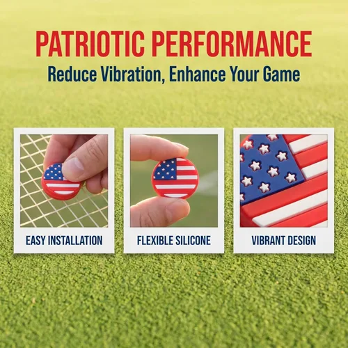 Vista 6 de Amosfun Amortiguador de tenis de silicona con bandera americana, amortiguadores de tenis de raqueta, vibración, cuerdas de raqueta, amortiguadores