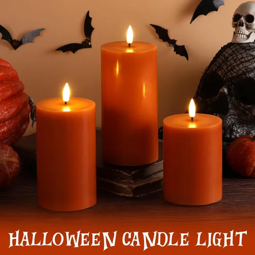 Vista 6 de Juego de 3 velas de pilar sin llama con control remoto, color naranja quemado para Halloween Velas LED parpadeantes de cera, decoraciones