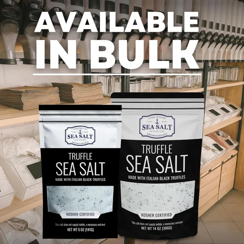 Vista 5 de Sal marina italiana de trufa negra, negro natural para sopas y salsas, sal gourmet suave y rica con infusión de trufa, bolsa de 5 onzas, Caravel