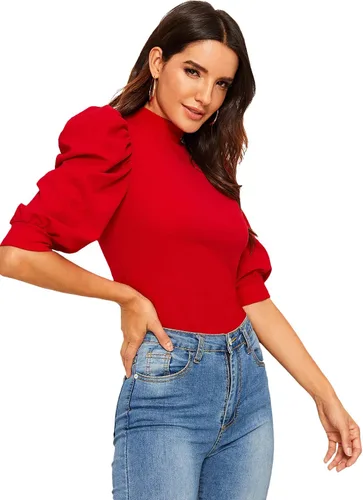 Vista 4 de Romwe Blusa de mujer con cuello de media manga y espalda de ojo de cerradura
