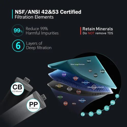 Vista 2 de Frizzlife Sistema de filtro de agua DW10 para debajo del fregadero, elementos certificados NSF/ANSI 53 y 42, reduce el 99.99% de plomo, cloro