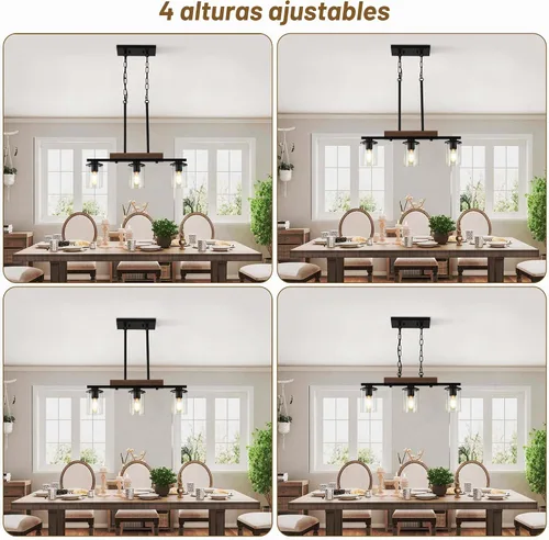 Vista 5 de Lámpara de isla de cocina de 23.6 pulgadas, lámpara de 3 luces para comedor sobre mesa, lámpara colgante de techo de madera rústica moderna negra