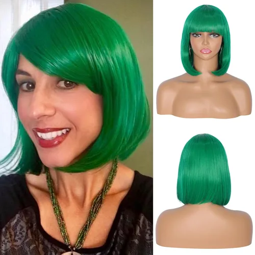 Vista 3 de THZ Peluca corta para mujer resistente al calor Verde oscuro