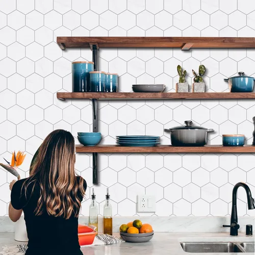 Vista 6 de Azulejos hexagonales de alta calidad para despegar y pegar, blanco impermeable para salpicaduras, azulejos de mármol autoadhesivos para cocina, baño