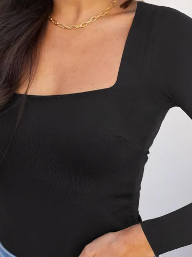 Vista 4 de REORIA - Body sexy de manga larga con cuello cuadrado y doble forro para mujer