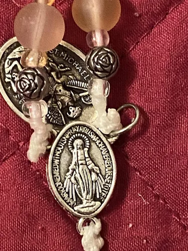 Vista 9 de Pink Frosted Glass Rosary with Miraculous Medal and 2" Crucifix St Michael Medal