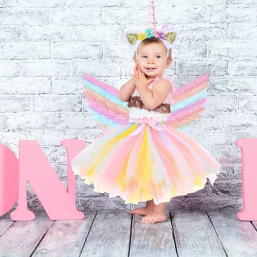 Vista 3 de Enfudid Disfraz de unicornio de princesa para niñas pequeñas, los disfraces de unicornio incluyen falda de malla, diadema de unicornio y ala de ángel