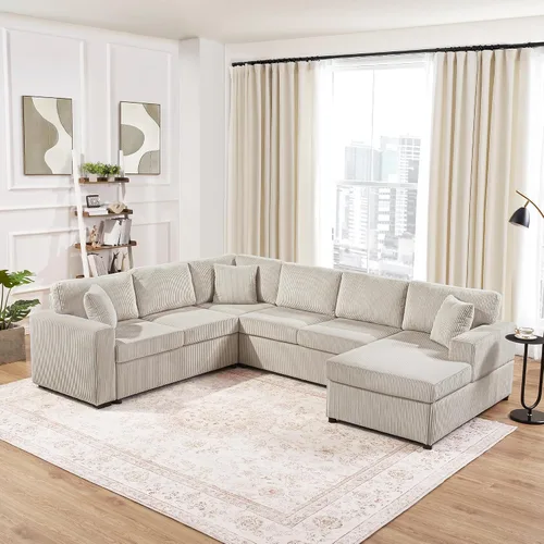 Vista 18 de JIVOIT Sofá cama moderno en forma de L con dos almohadas de respaldo, sofá cama modular de 124.8 pulgadas con cama extraíble, sofá modular Beige 052